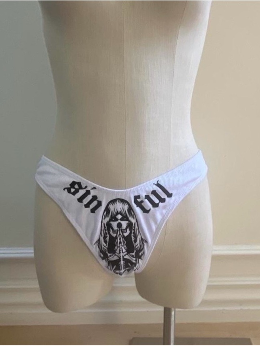 White Graphic 'Sinful' Ribbed Bikini bottom